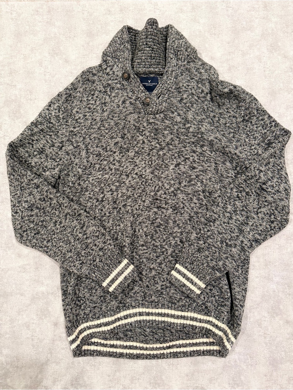 American Eagle Outfitters Men's Gray Marled Turtleneck Sweater with Stripe Trim